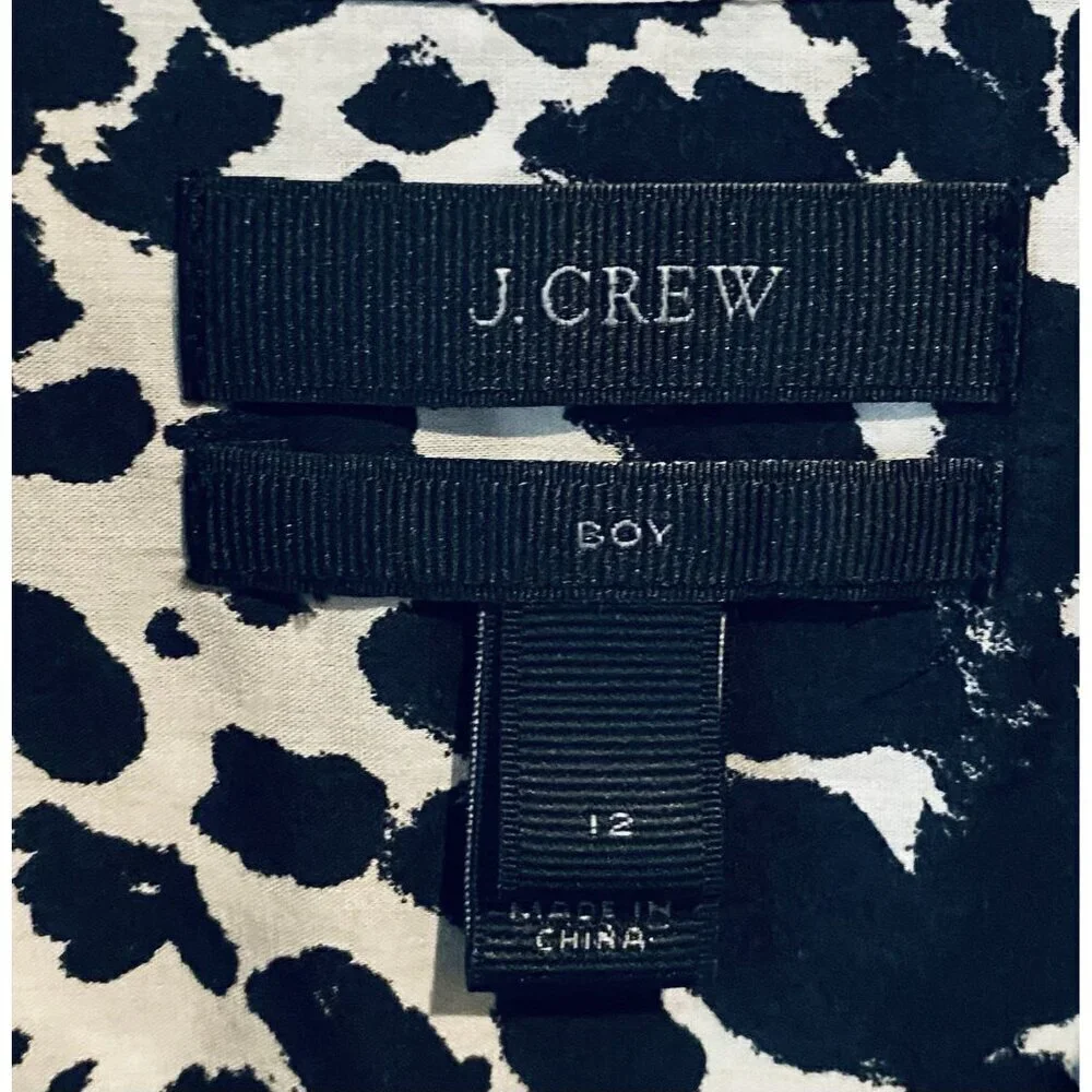 J Crew Top Womens 12 Black White Snow Leopard Boy Fit Button Up Long Sleeve Boho